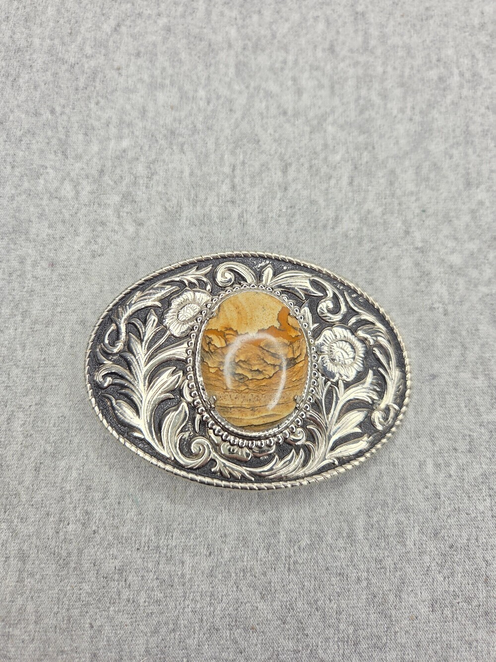 Vintage Western Womens Picture Jasper Belt Buckle Silver Tone Floral Engraved
